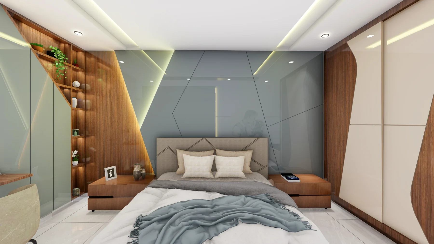 The bed sits beneath grey geometric panels, between mirrors and wood-toned drawers.