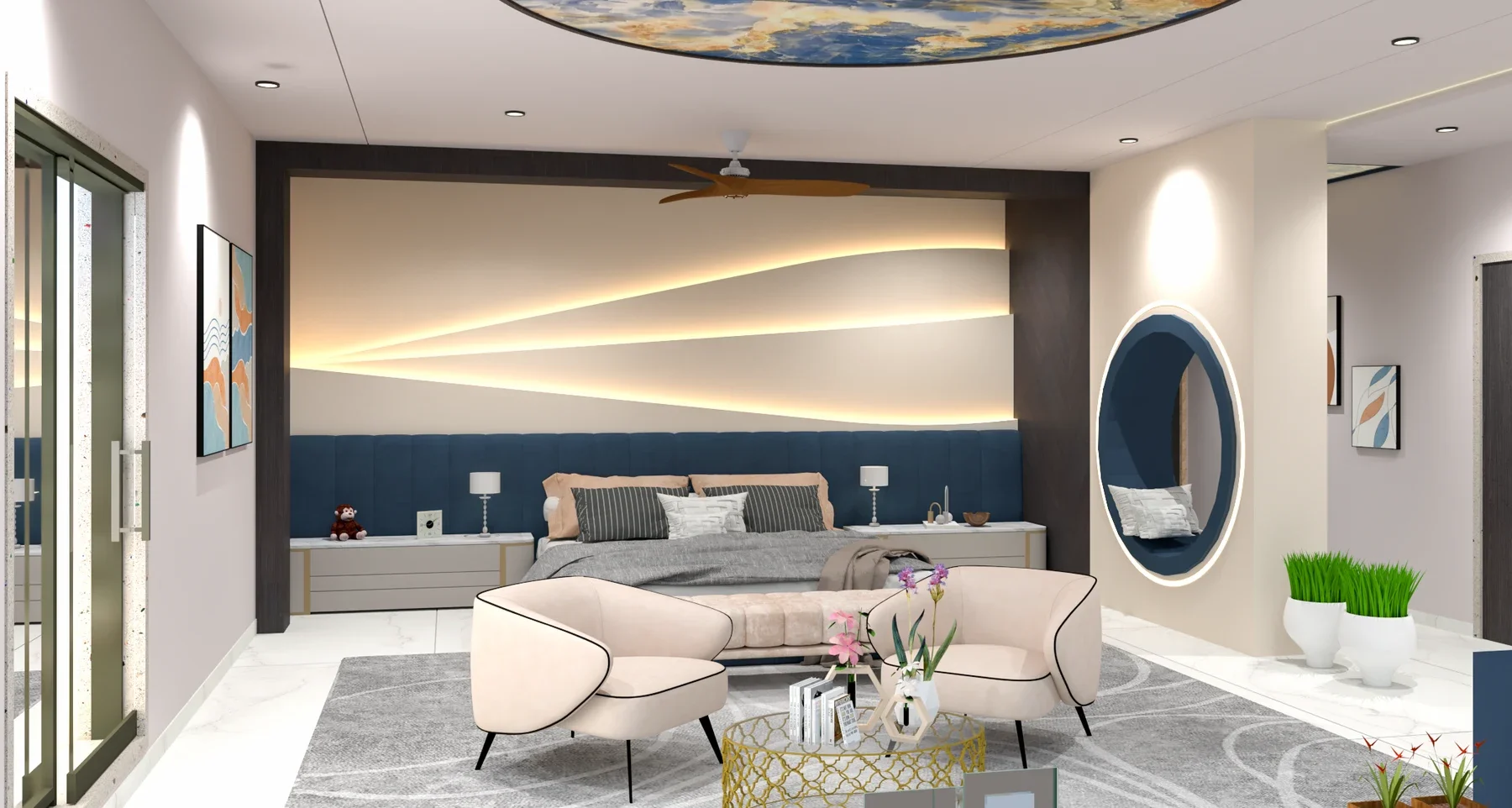 Two armchairs sit beside a blue headboard, lit angled wall bands and a large oval mirror.